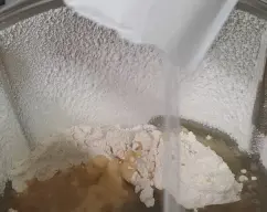 Step <p>AHORA PONEMOS EL RESTO DE LOS INGREDIENTES, LOS HUEVOS, LA HARINA, EL ACEITE, LA LEVADURA Y LA PIZCA DE SAL Y BATIMOS UNOS 20 SEG A VELOCIDAD 6.</p> illustration