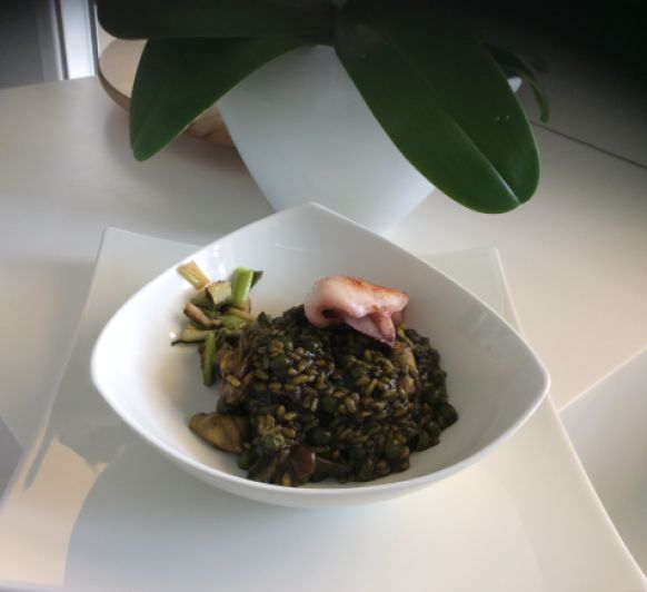 Arroz Meloso de Calamares, Habitas, y Ajos tiernos, con Tarta de Casar